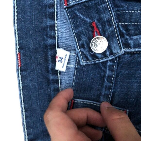 TRUE Religion Jeans Size 34 STRAIGHT FLAP NATURAL RED HORSESHOE Blue - Picture 9 of 10